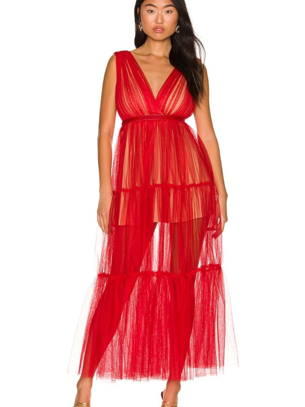 "Chloe Tulle Dress" Sheer Red Tiered V-Neck & Back Maxi Dress